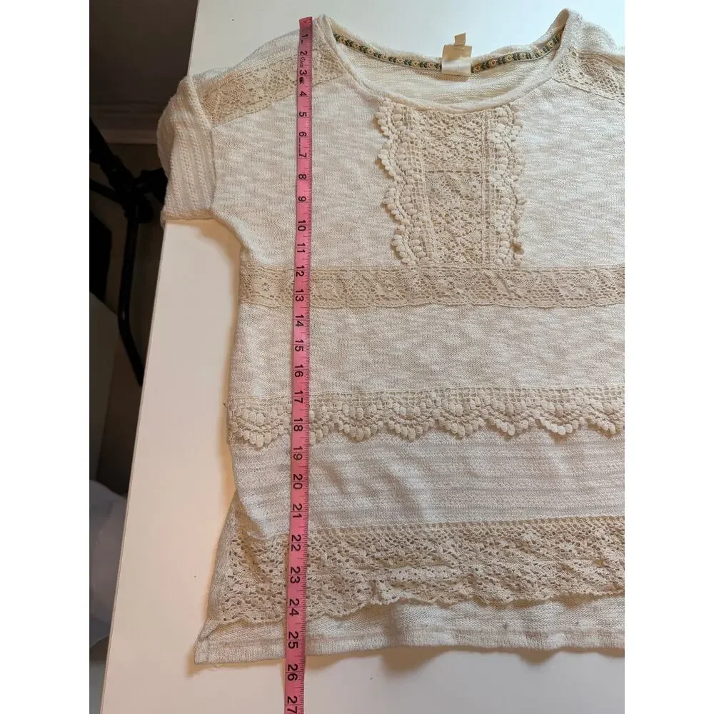 Anthropologie One September Women Long Sleeve Top Size L Cream Crochet Trim Boho